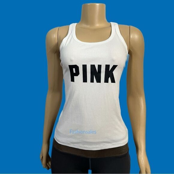 Victoria’s Secret PINK Cropped Ribbed PINK Logo soft tank top White Xlarge - Picture 1 of 4